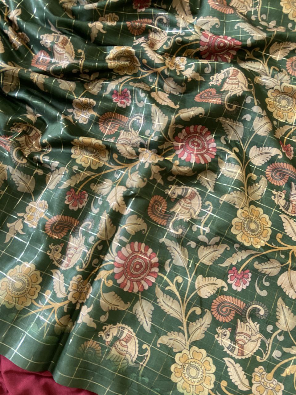 Bottle Green Soft Semi Tussar Silk Saree with Kalamkari Print and Checks