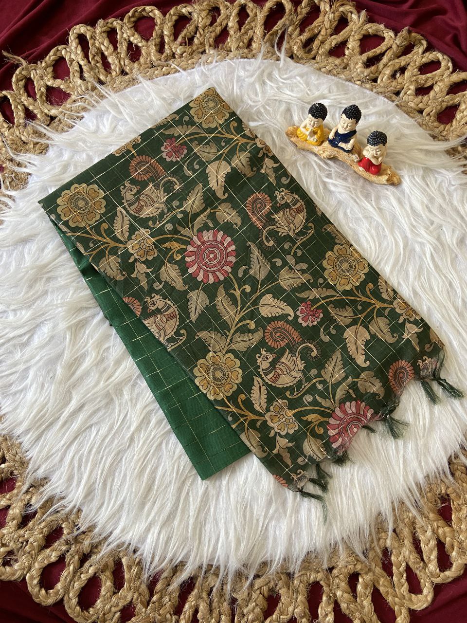 Bottle Green Soft Semi Tussar Silk Saree with Kalamkari Print and Checks