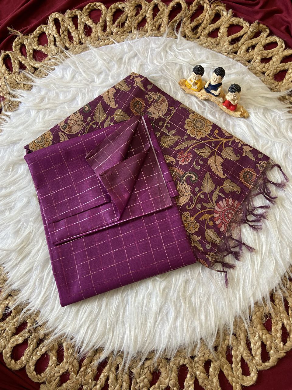 Magenta Soft Semi Tussar Silk Saree with Kalamkari Print and Checks