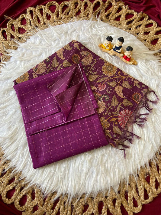 Magenta Soft Semi Tussar Silk Saree with Kalamkari Print and Checks