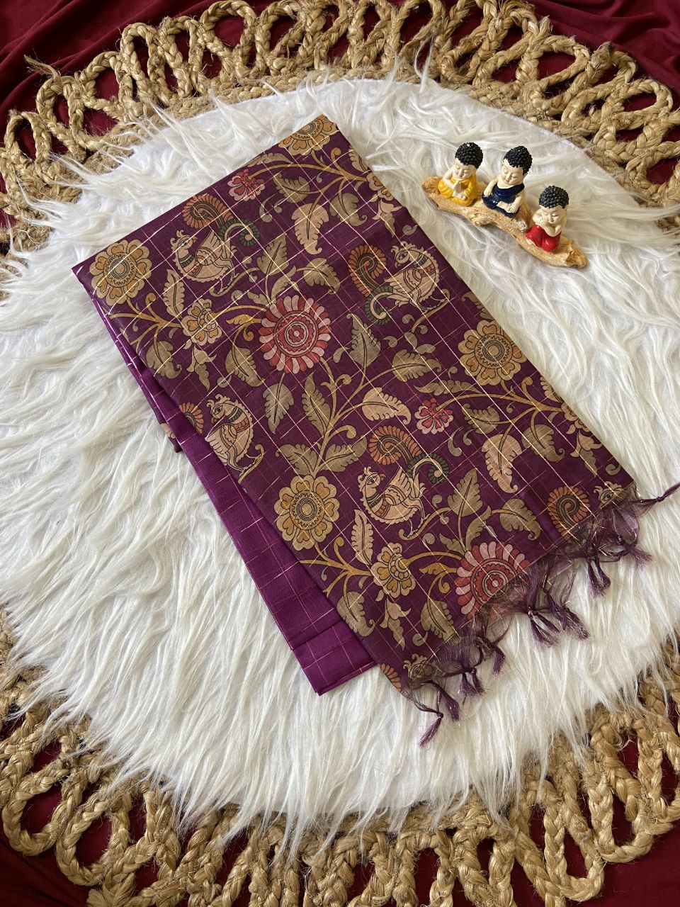 Magenta Soft Semi Tussar Silk Saree with Kalamkari Print and Checks
