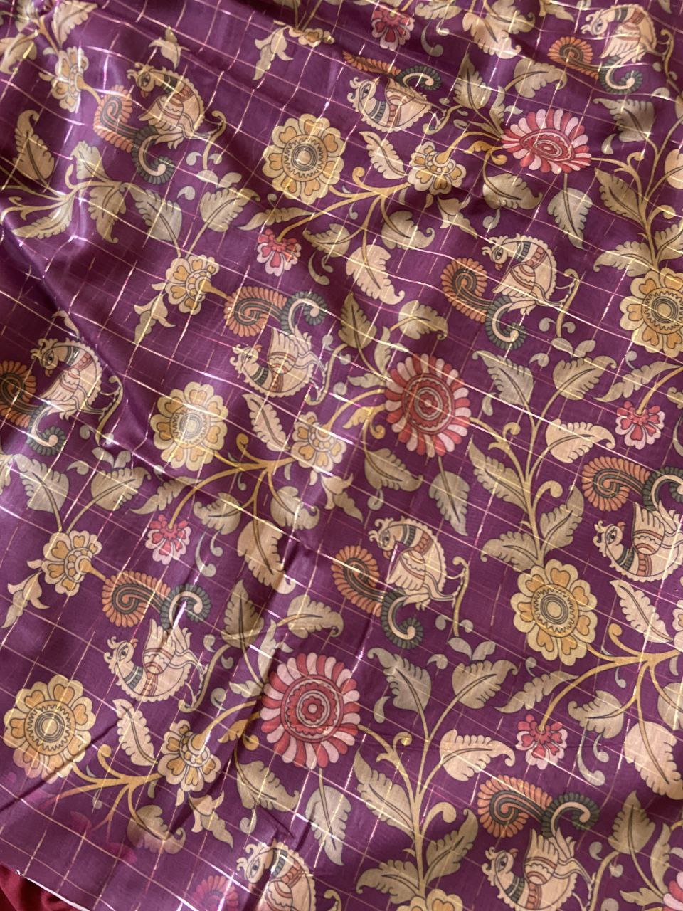 Magenta Soft Semi Tussar Silk Saree with Kalamkari Print and Checks