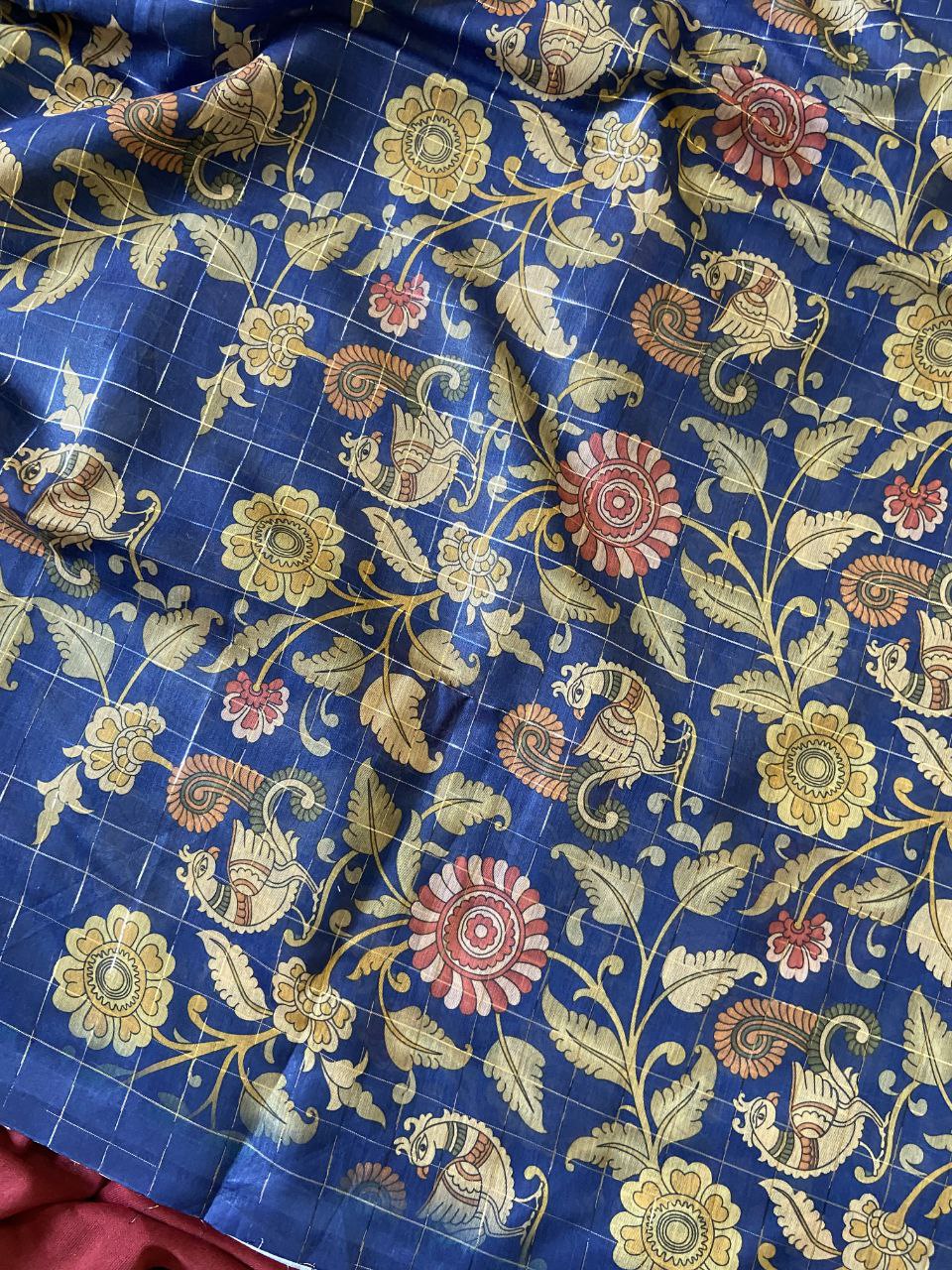 Blue Soft Semi Tussar Silk Saree with Kalamkari Print and Checks