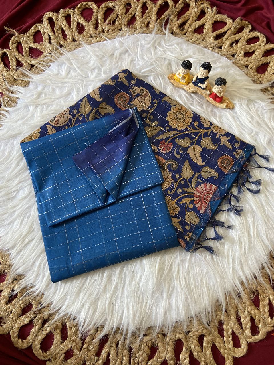 Blue Soft Semi Tussar Silk Saree with Kalamkari Print and Checks