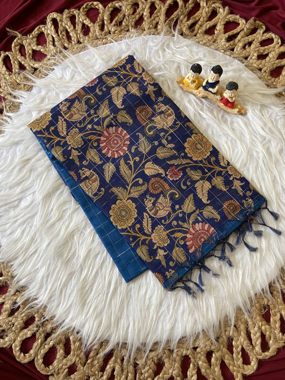 Blue Soft Semi Tussar Silk Saree with Kalamkari Print and Checks