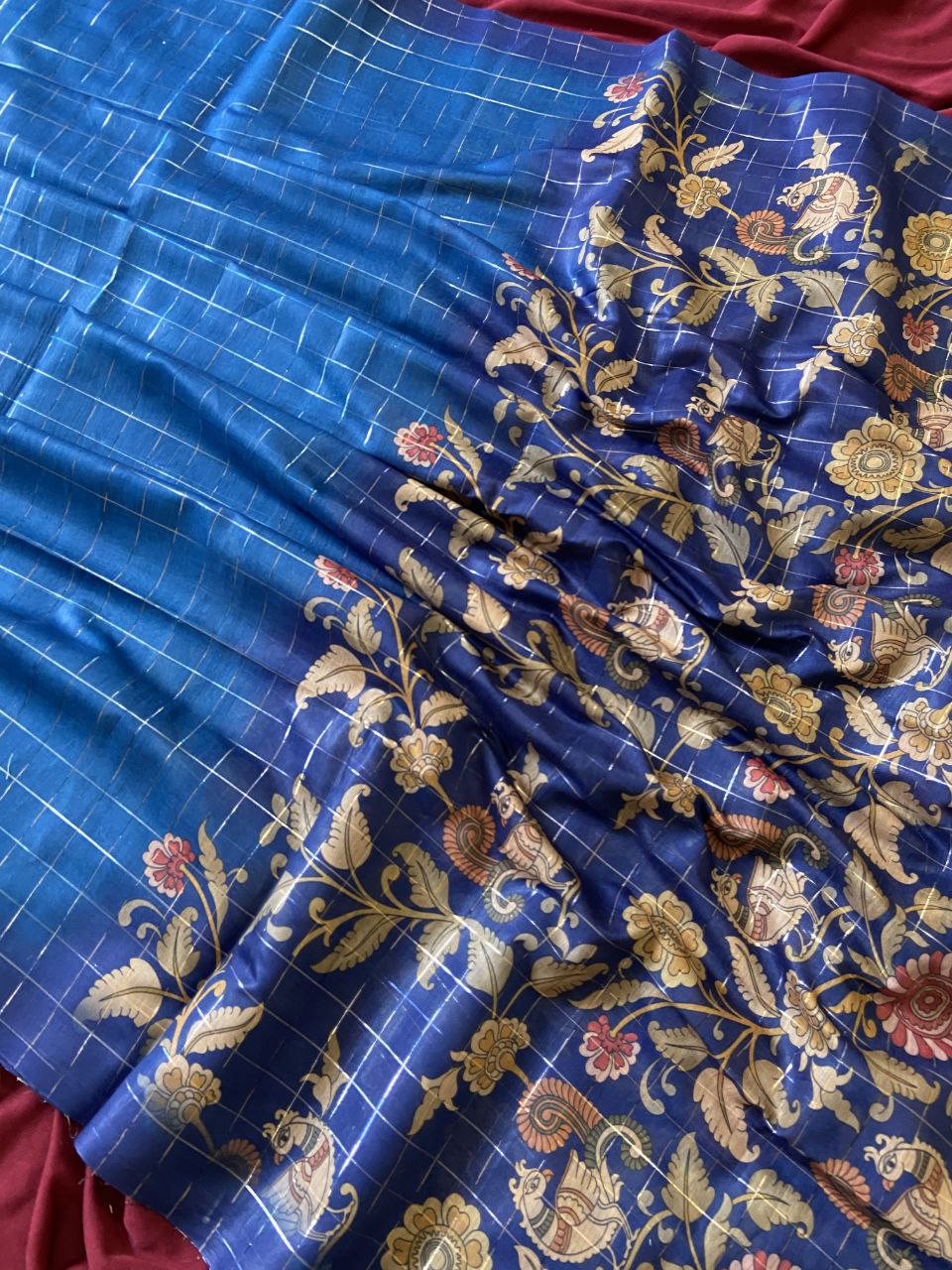 Blue Soft Semi Tussar Silk Saree with Kalamkari Print and Checks