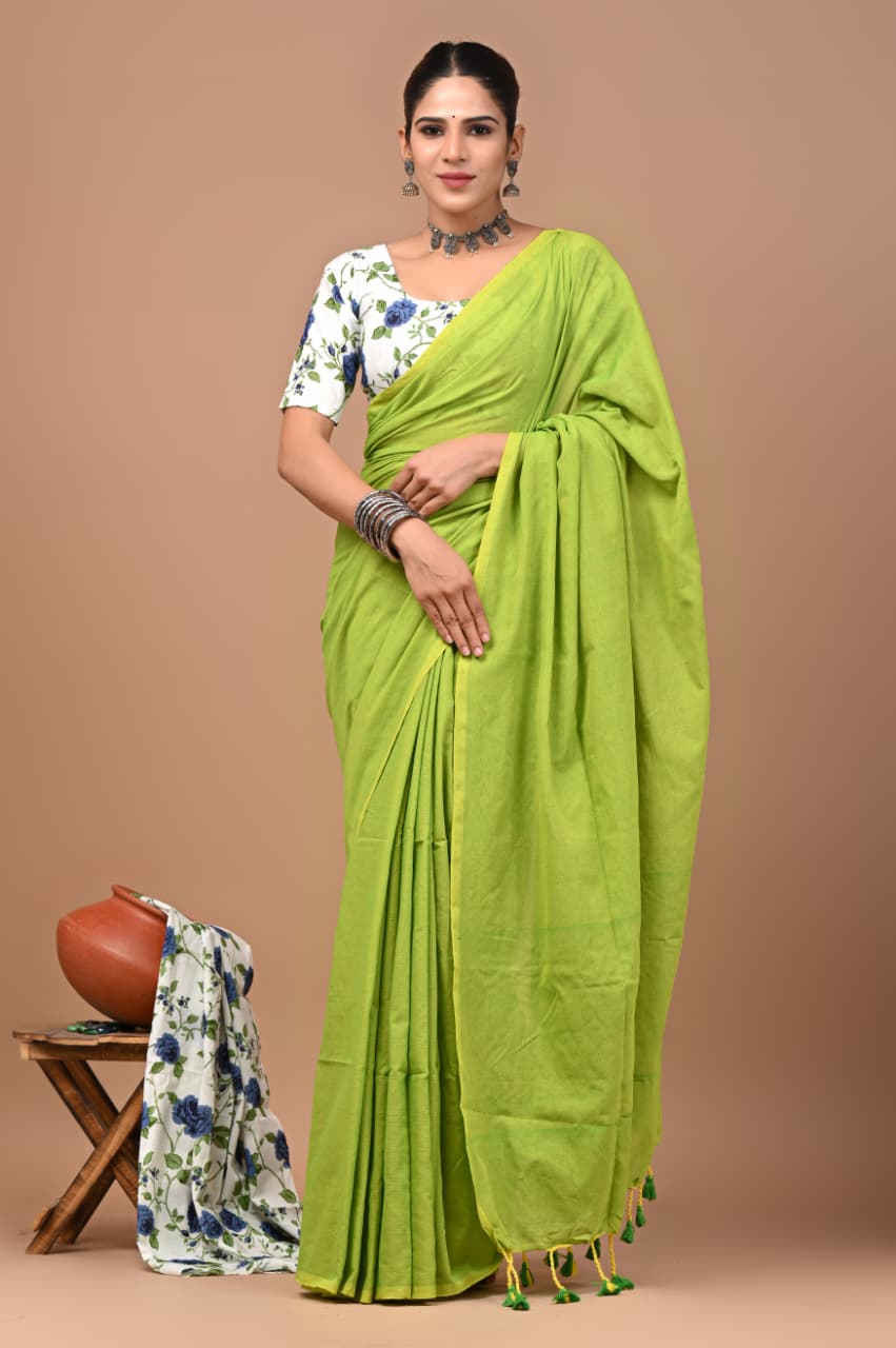 Lime Green Pure Soft Khadi Cotton Saree with Floral Hand Block Printed Blouse