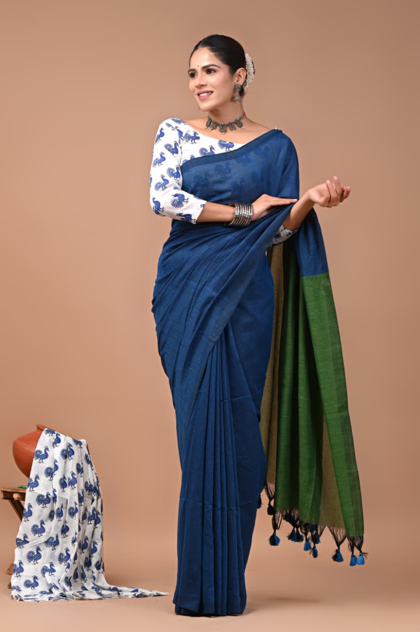 Navy Blue Pure Soft Khadi Cotton Saree with Hand Block Printed Blouse