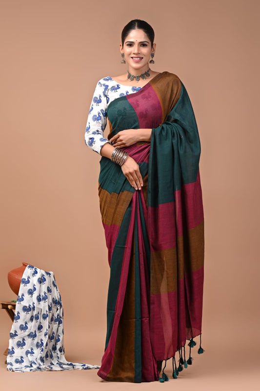 Multicolour Pure Soft Khadi Cotton Saree with Hand Block Printed Blouse