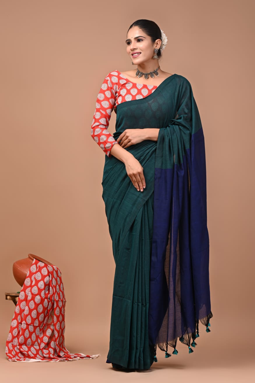 Bottle Green Pure Soft Khadi Cotton Saree with Navy Blue Pallu and Hand Block Printed Blouse