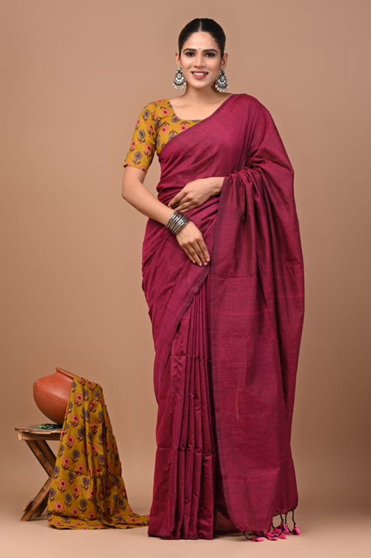 Wine Pure Soft Khadi Cotton Saree with Floral Hand Block Printed Blouse