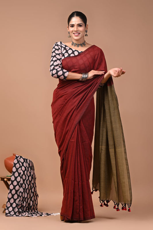 Maroon Pure Soft Khadi Cotton Saree with Contrast Pallu and Hand Block Printed Blouse