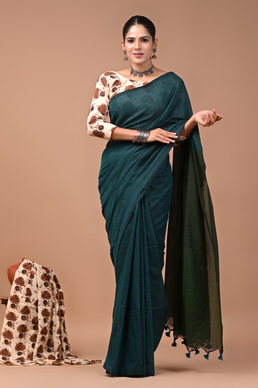 Teal Green Pure Soft Khadi Cotton Saree with Floral Hand Block Printed Blouse