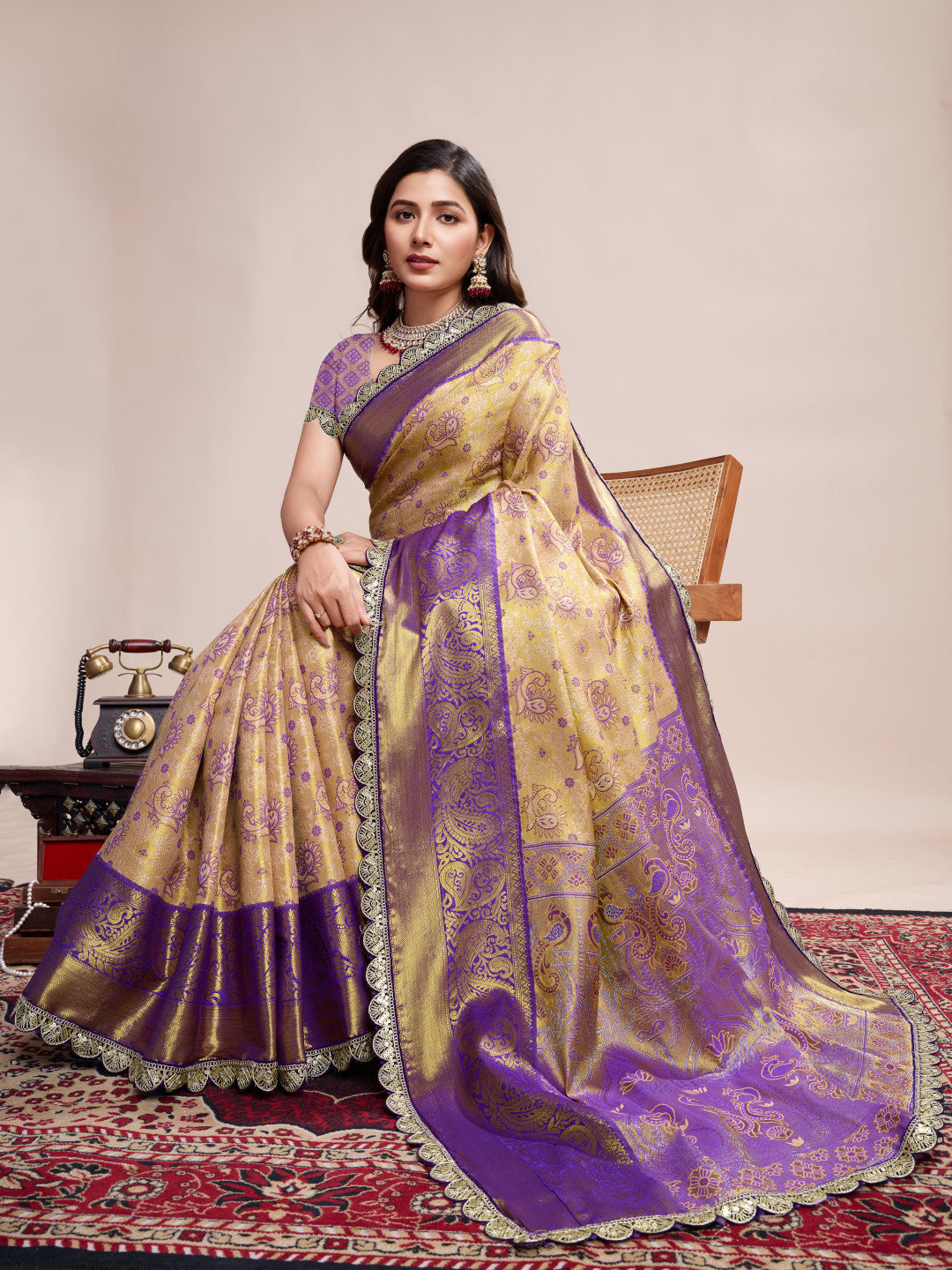 Beige and Lavender Kanjivaram Semi Silk Saree with Rich Zari Weaving