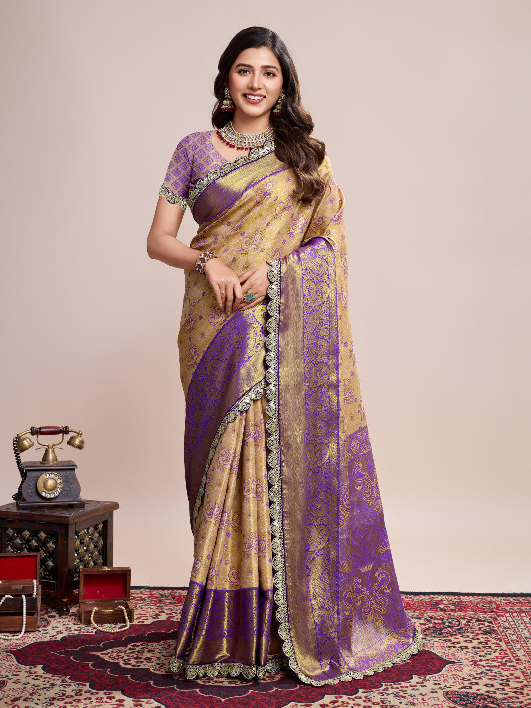 Beige and Lavender Kanjivaram Semi Silk Saree with Rich Zari Weaving