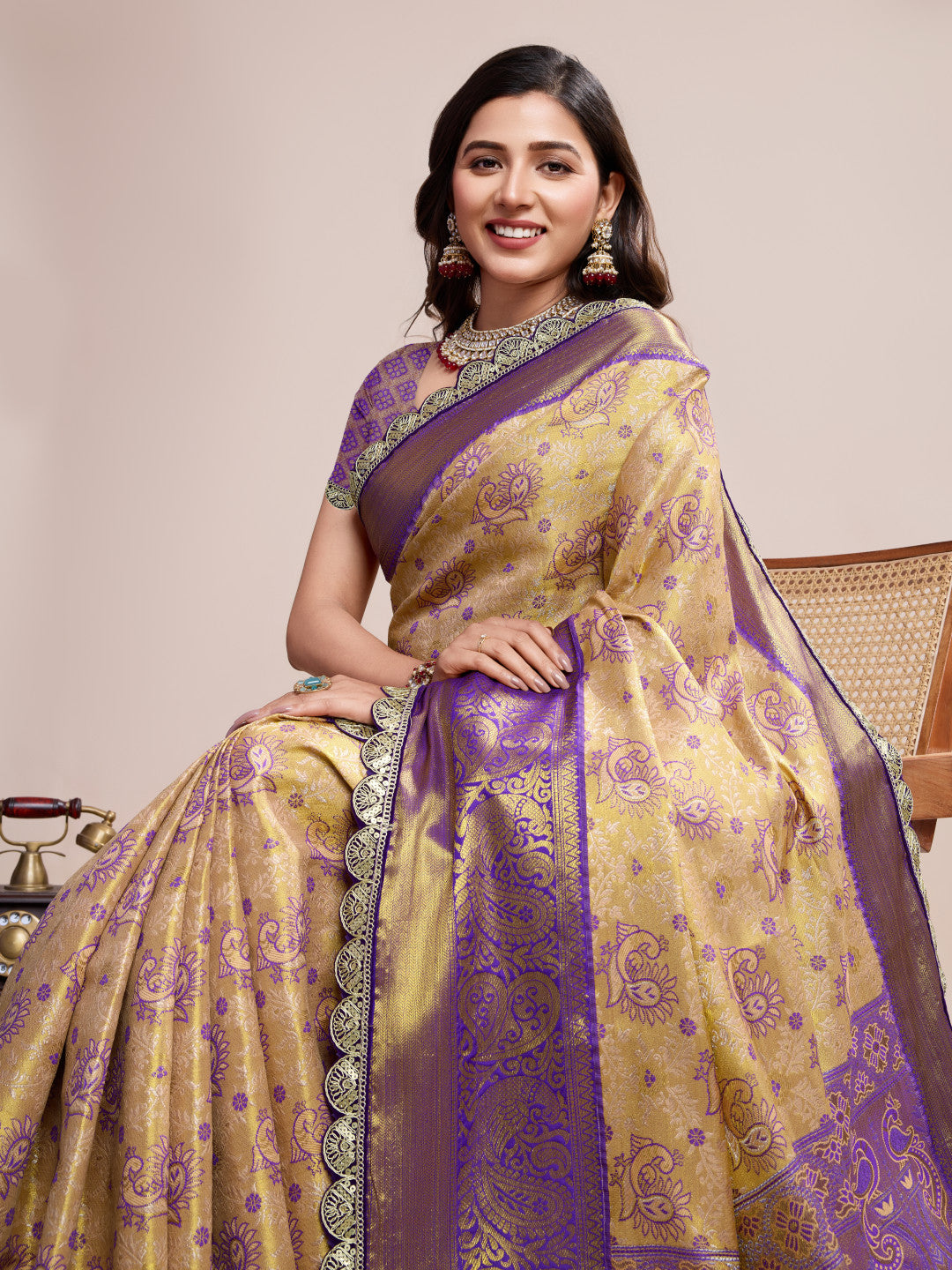 Beige and Lavender Kanjivaram Semi Silk Saree with Rich Zari Weaving
