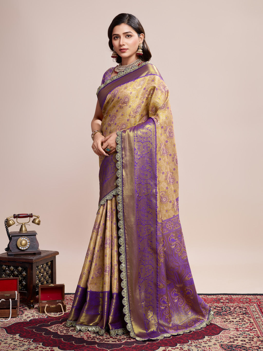 Beige and Lavender Kanjivaram Semi Silk Saree with Rich Zari Weaving