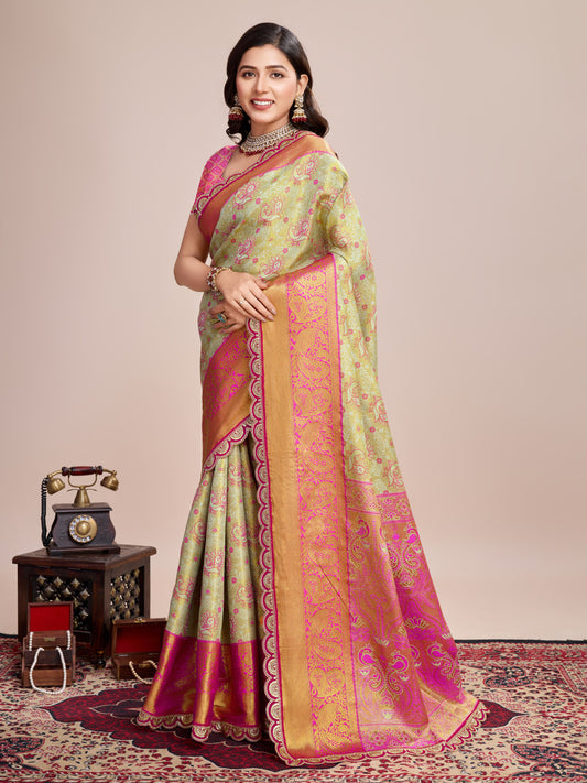 Pista Green Kanjivaram Semi-Silk Saree with Pink Zari Weaving