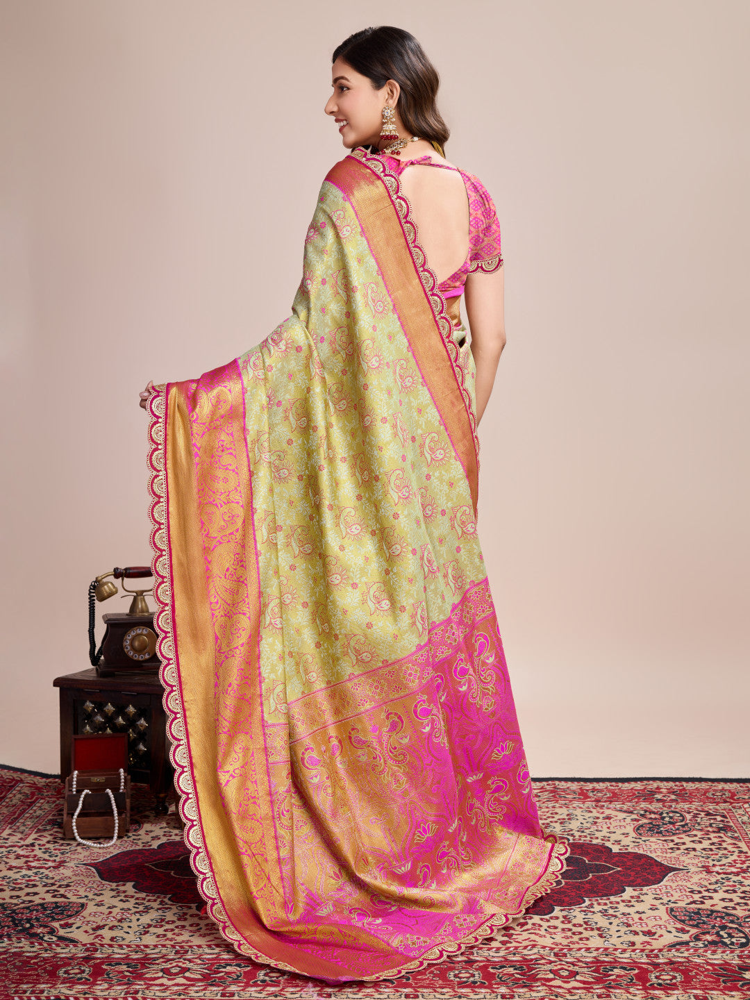 Pista Green Kanjivaram Semi-Silk Saree with Pink Zari Weaving