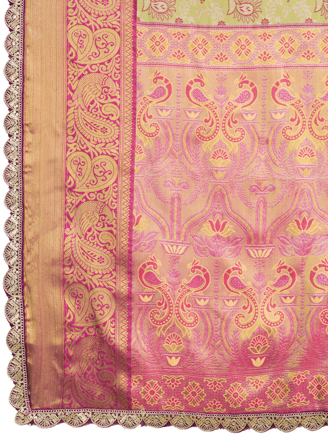 Pista Green Kanjivaram Semi-Silk Saree with Pink Zari Weaving