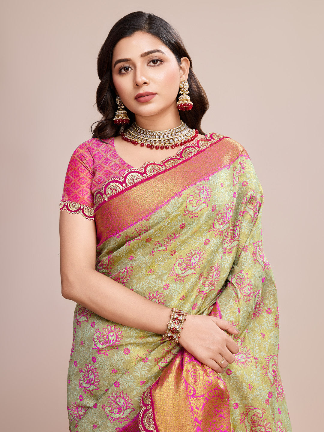 Pista Green Kanjivaram Semi-Silk Saree with Pink Zari Weaving