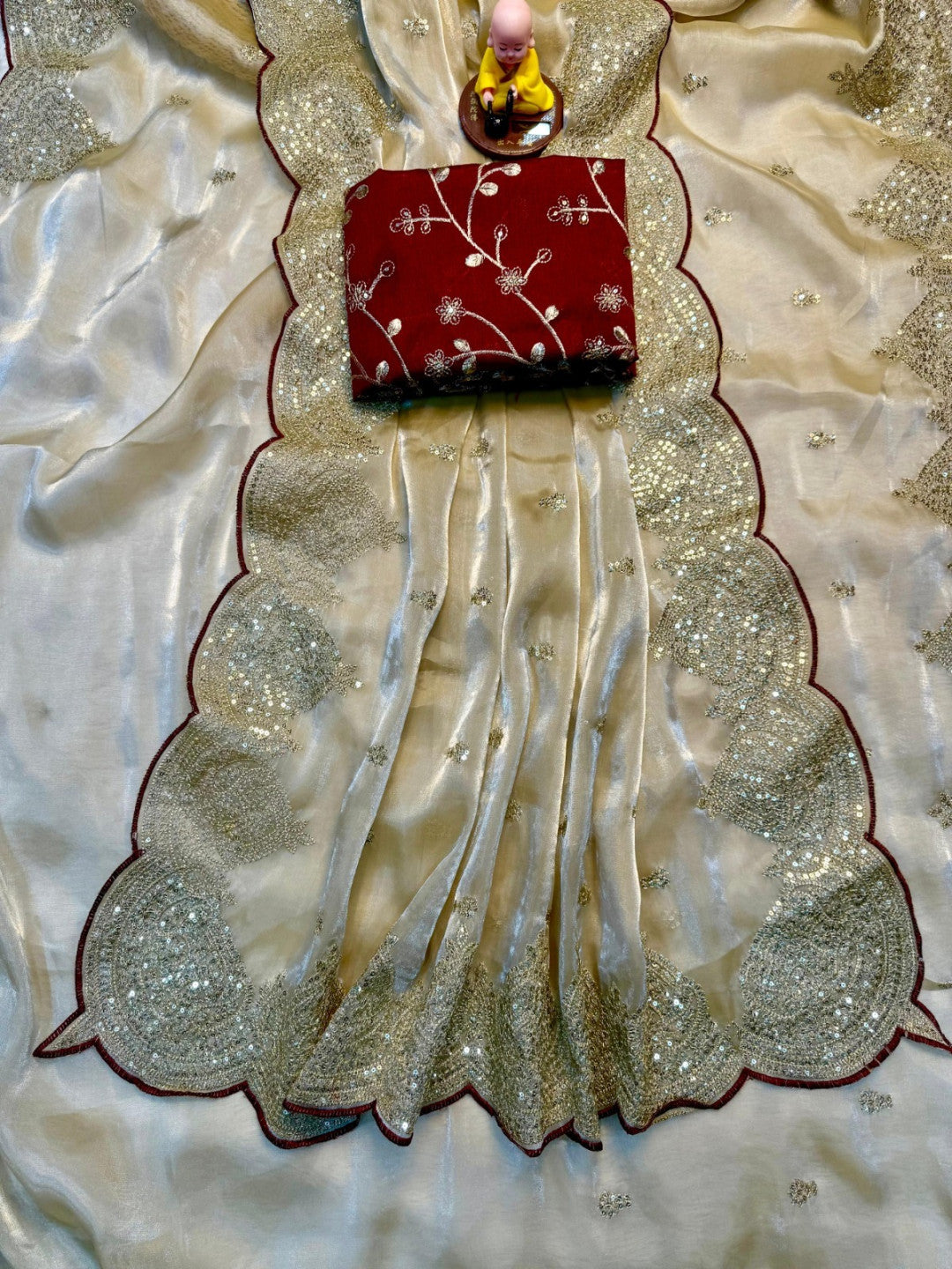 Beige fancy jimmy choo satin silk saree with sequence work
