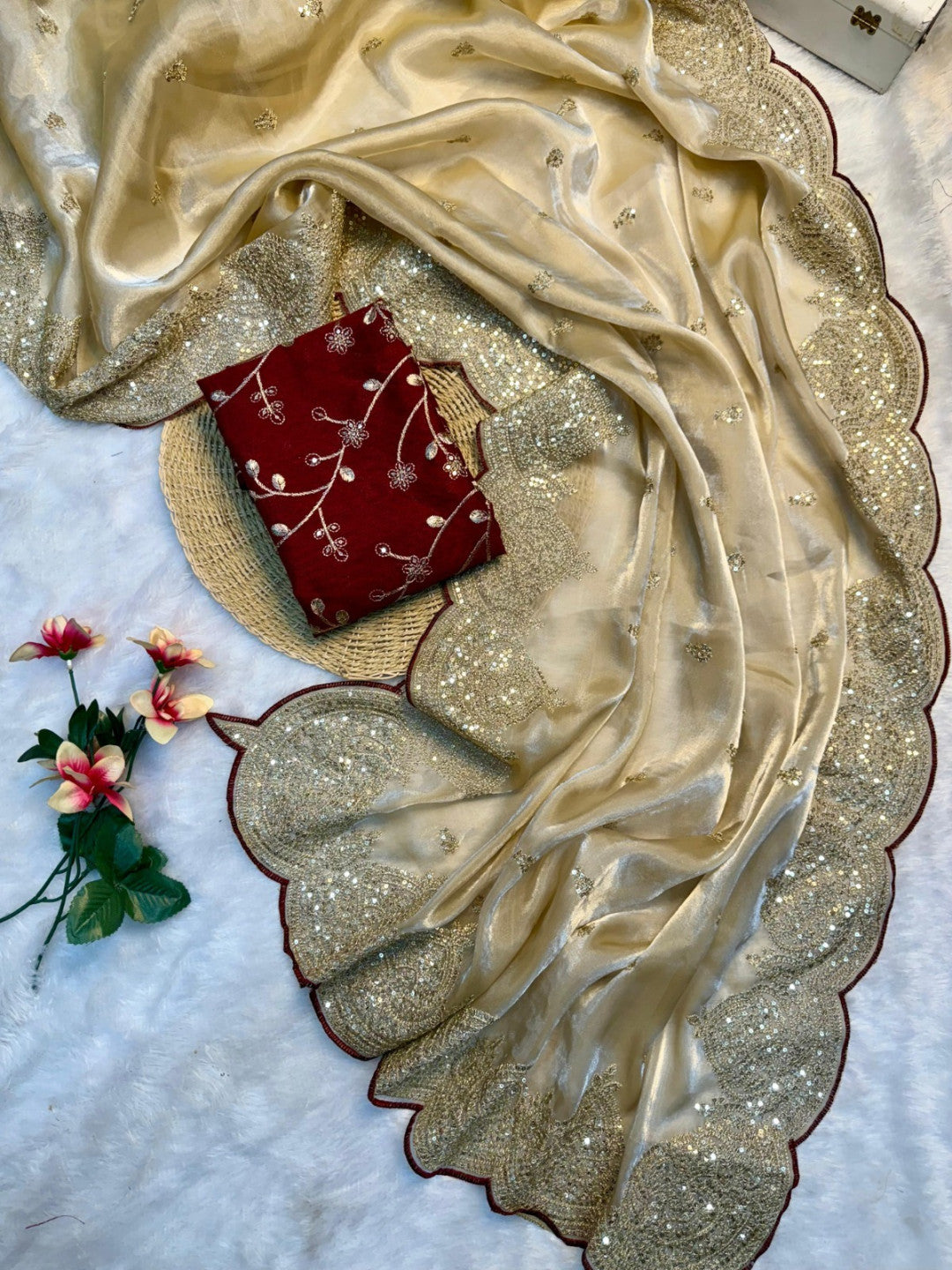 Beige fancy jimmy choo satin silk saree with sequence work