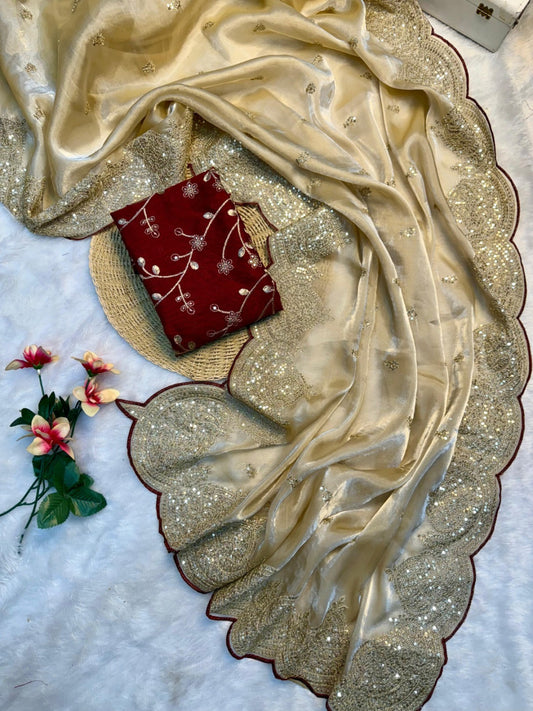 Beige fancy jimmy choo satin silk saree with sequence work