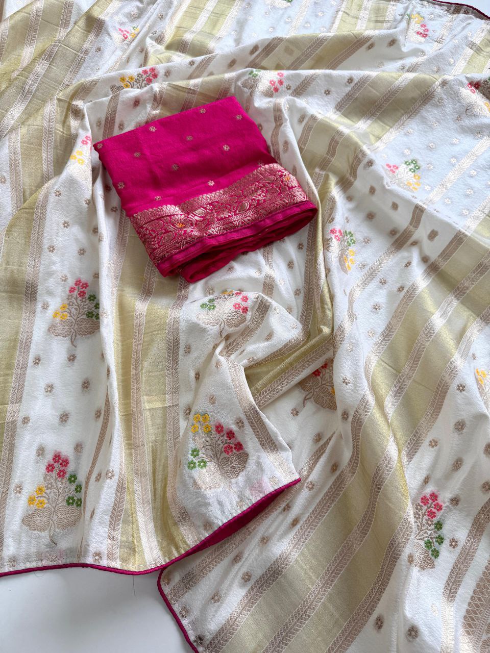 White Viscose Georgette Silk Saree with Multicolour Zari Weaving and Pink Blouse