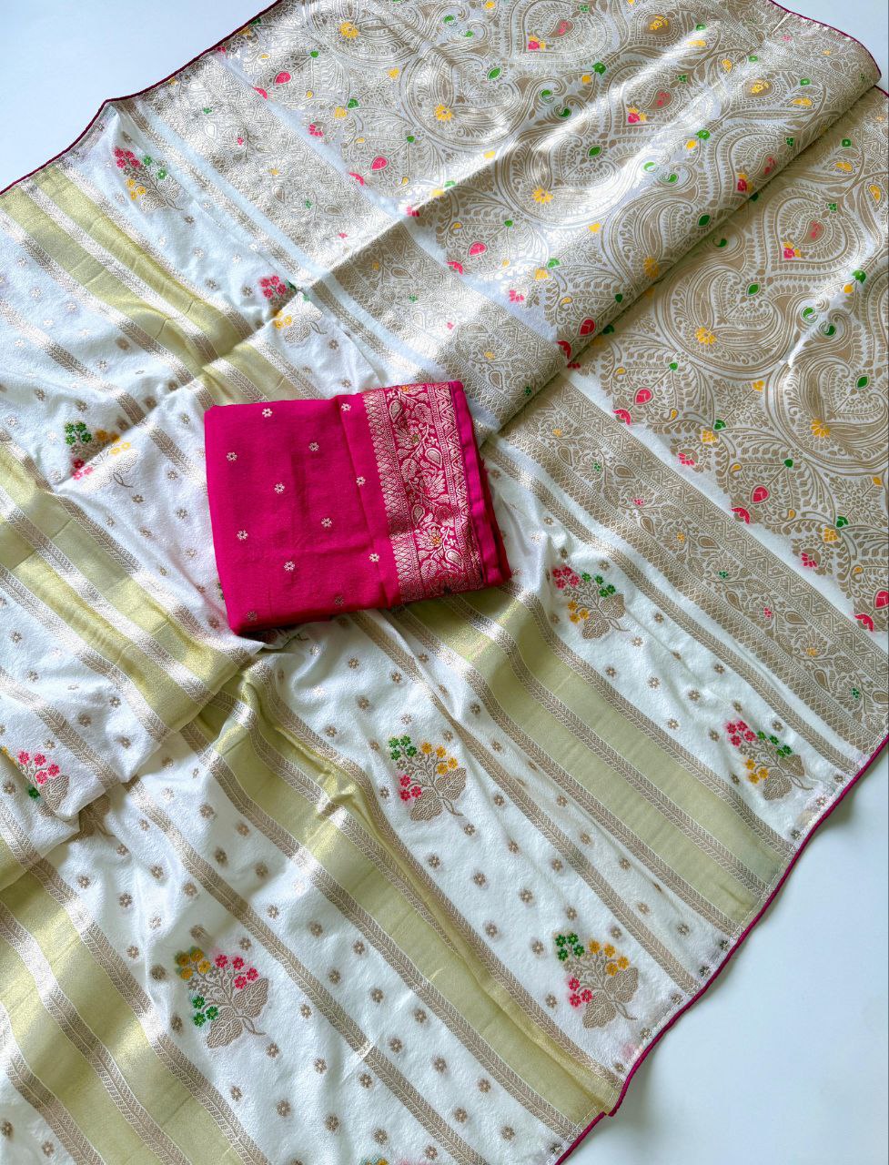White Viscose Georgette Silk Saree with Multicolour Zari Weaving and Pink Blouse
