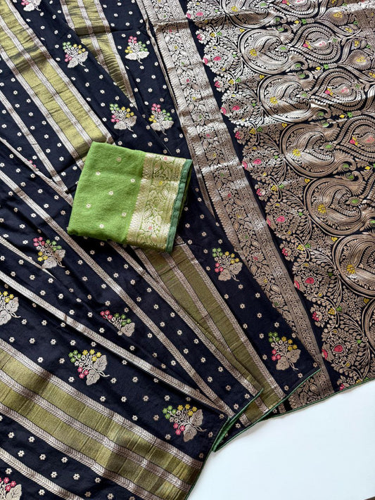 Black Viscose Georgette Silk Saree with Multicolour Zari Weaving and Green Blouse