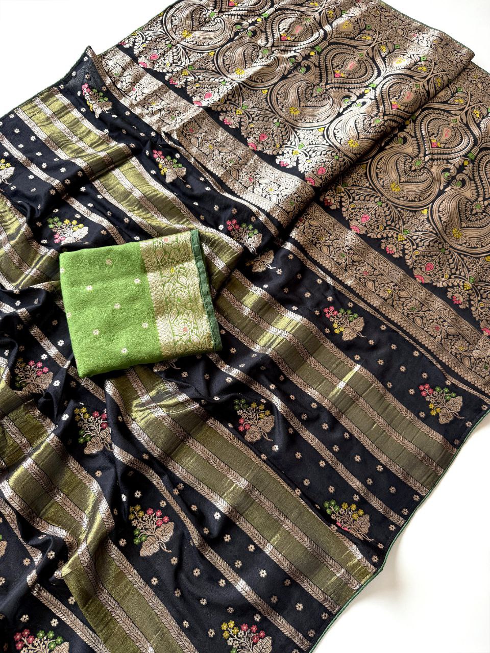 Black Viscose Georgette Silk Saree with Multicolour Zari Weaving and Green Blouse