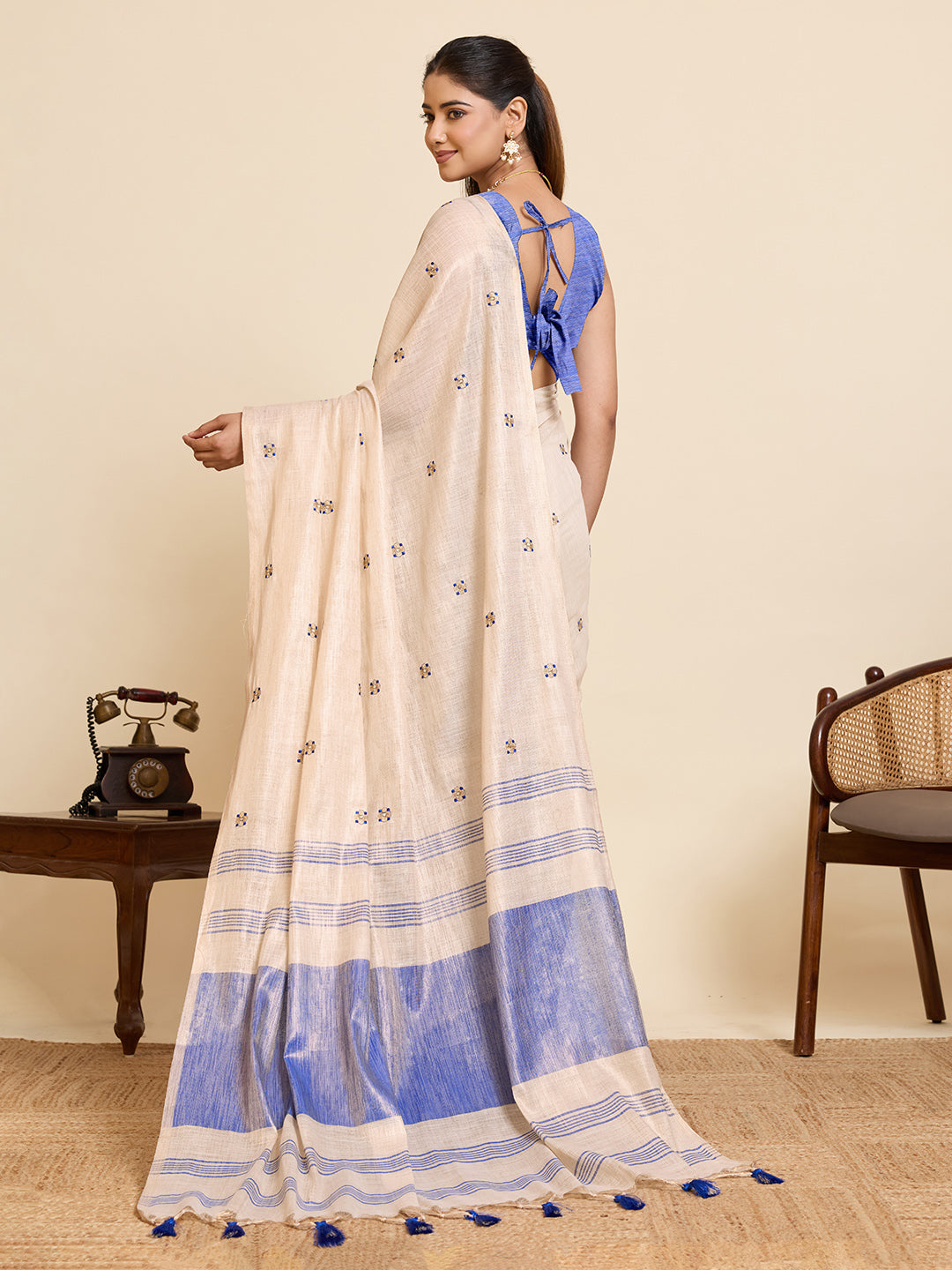 Beige Linen Cotton Saree with Embroidery Work and Contrast Blue Blouse - Blue