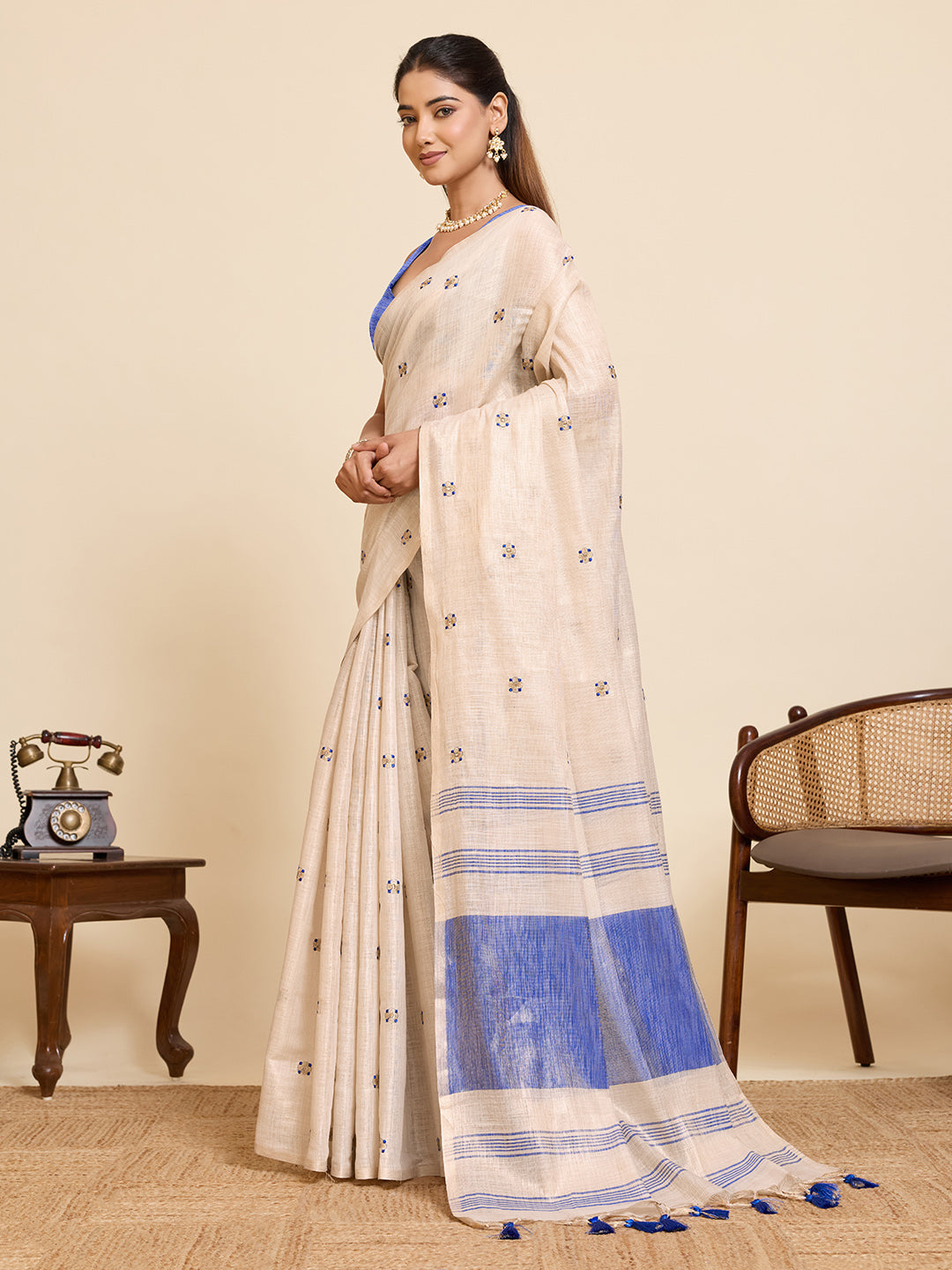Beige Linen Cotton Saree with Embroidery Work and Contrast Blue Blouse - Blue