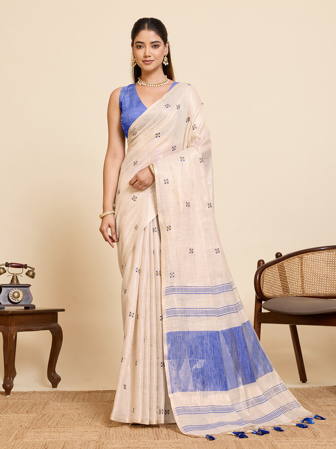 Beige Linen Cotton Saree with Embroidery Work and Contrast Blue Blouse - Blue