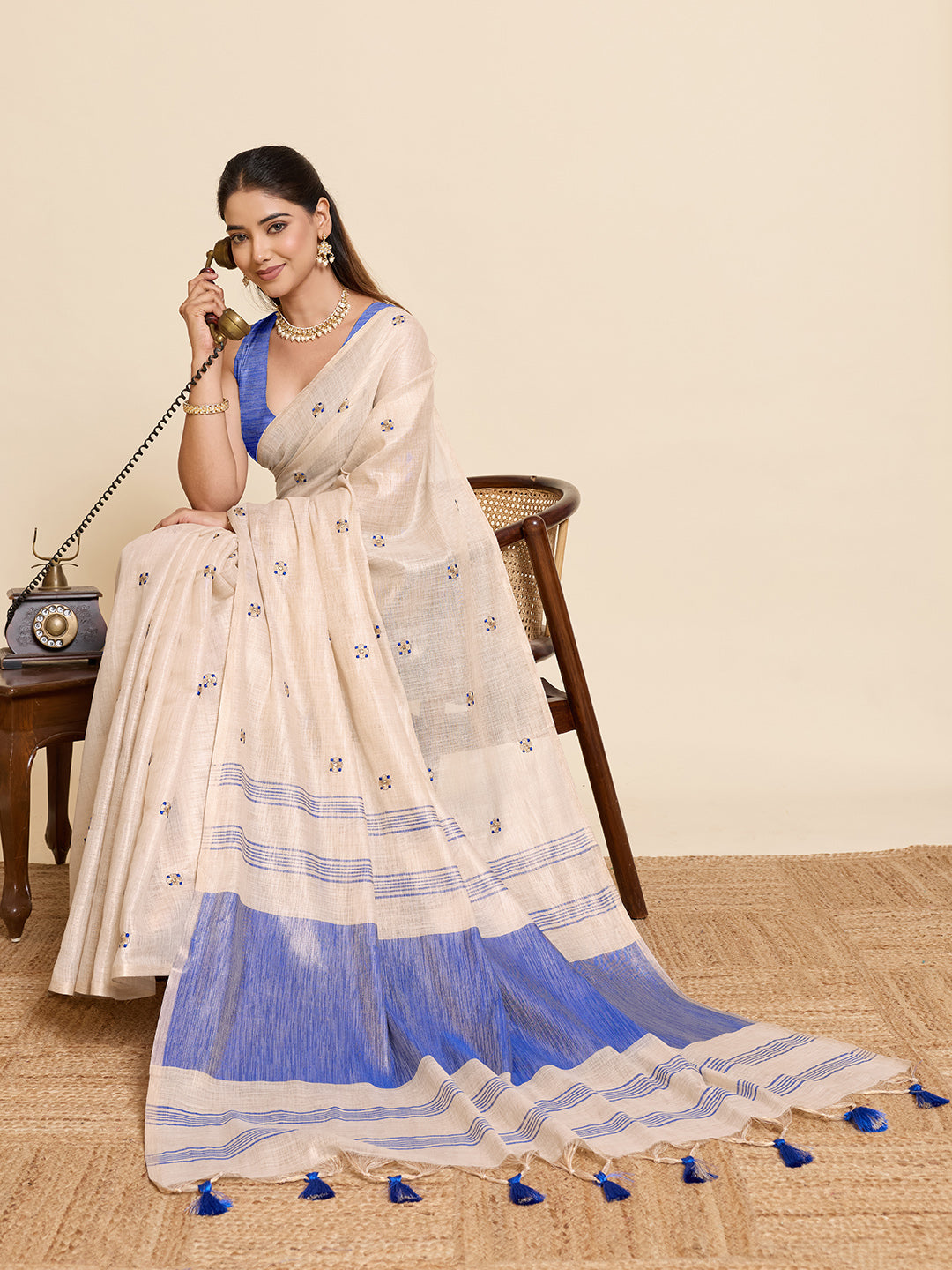 Beige Linen Cotton Saree with Embroidery Work and Contrast Blue Blouse - Blue