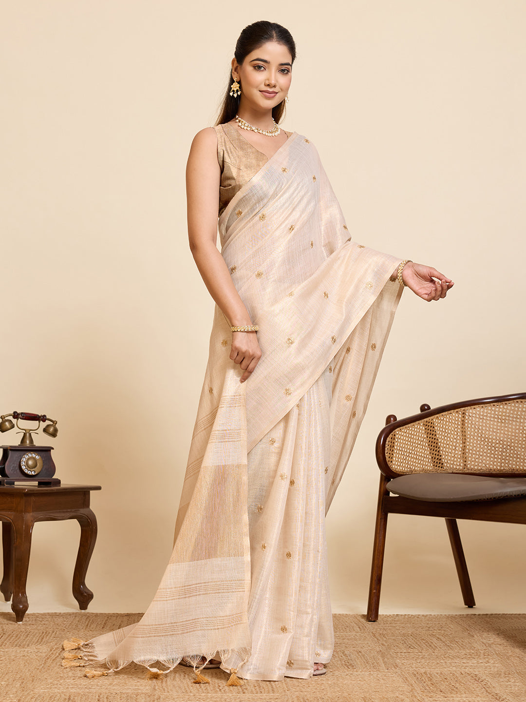 Beige Linen Cotton Saree with Embroidery Work and Contrast Golden Blouse - Golden