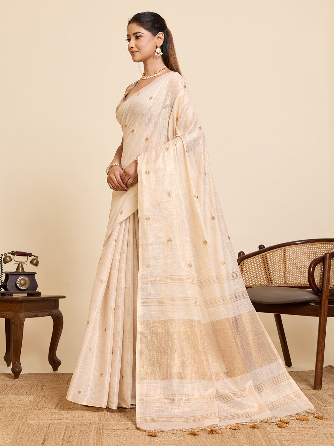 Beige Linen Cotton Saree with Embroidery Work and Contrast Golden Blouse - Golden
