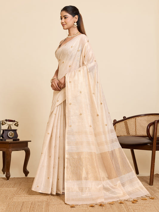 Beige Linen Cotton Saree with Embroidery Work and Contrast Golden Blouse - Golden