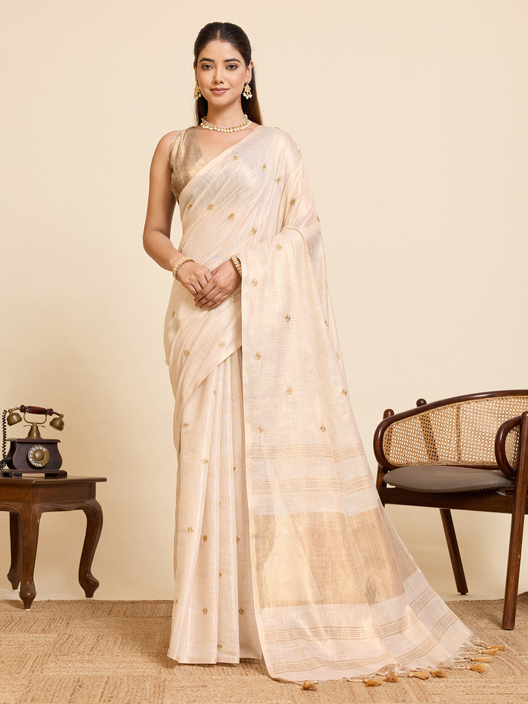 Beige Linen Cotton Saree with Embroidery Work and Contrast Golden Blouse - Golden