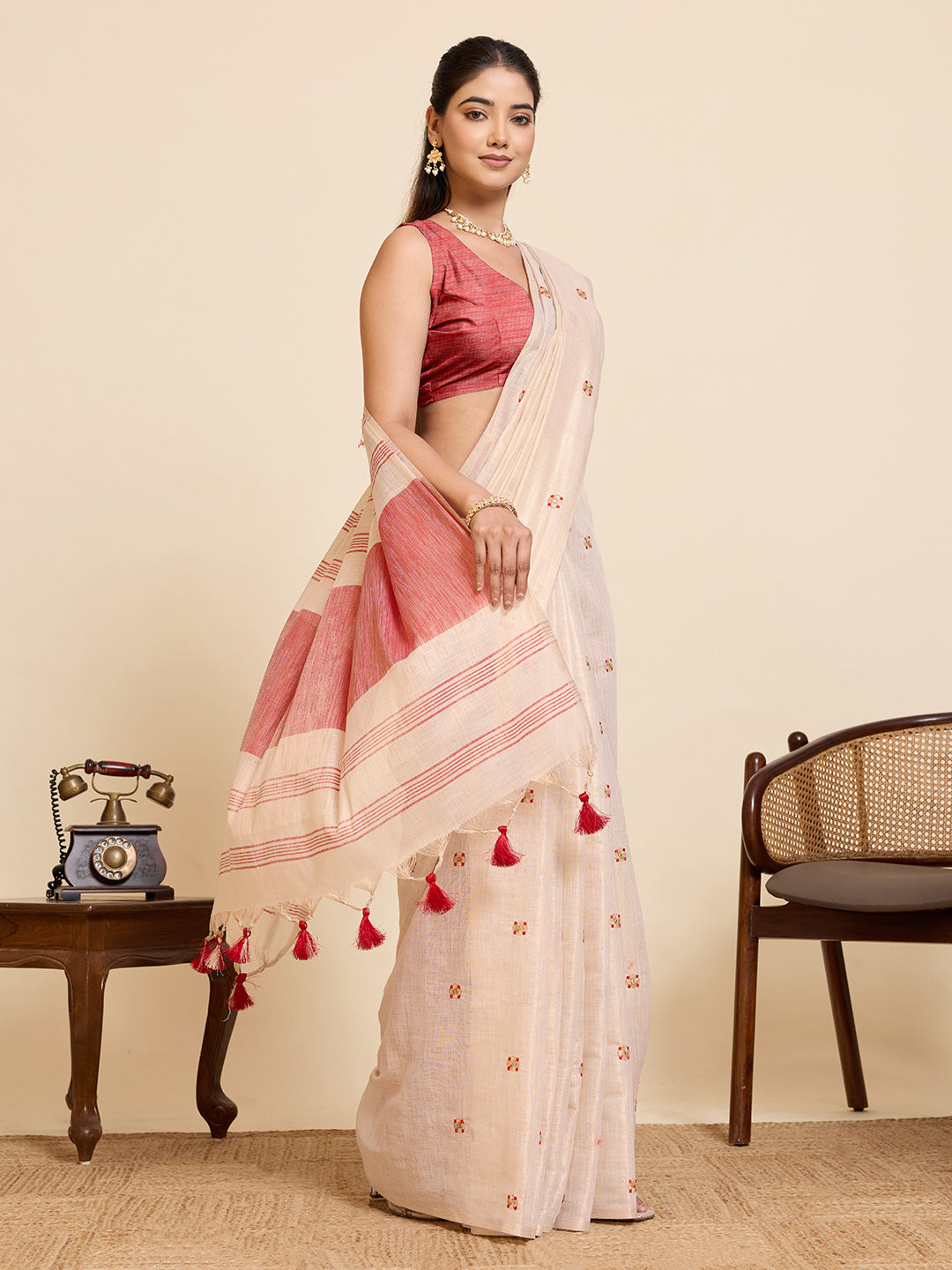 Beige Linen Cotton Saree with Embroidery Work and Contrast Red Blouse - Red