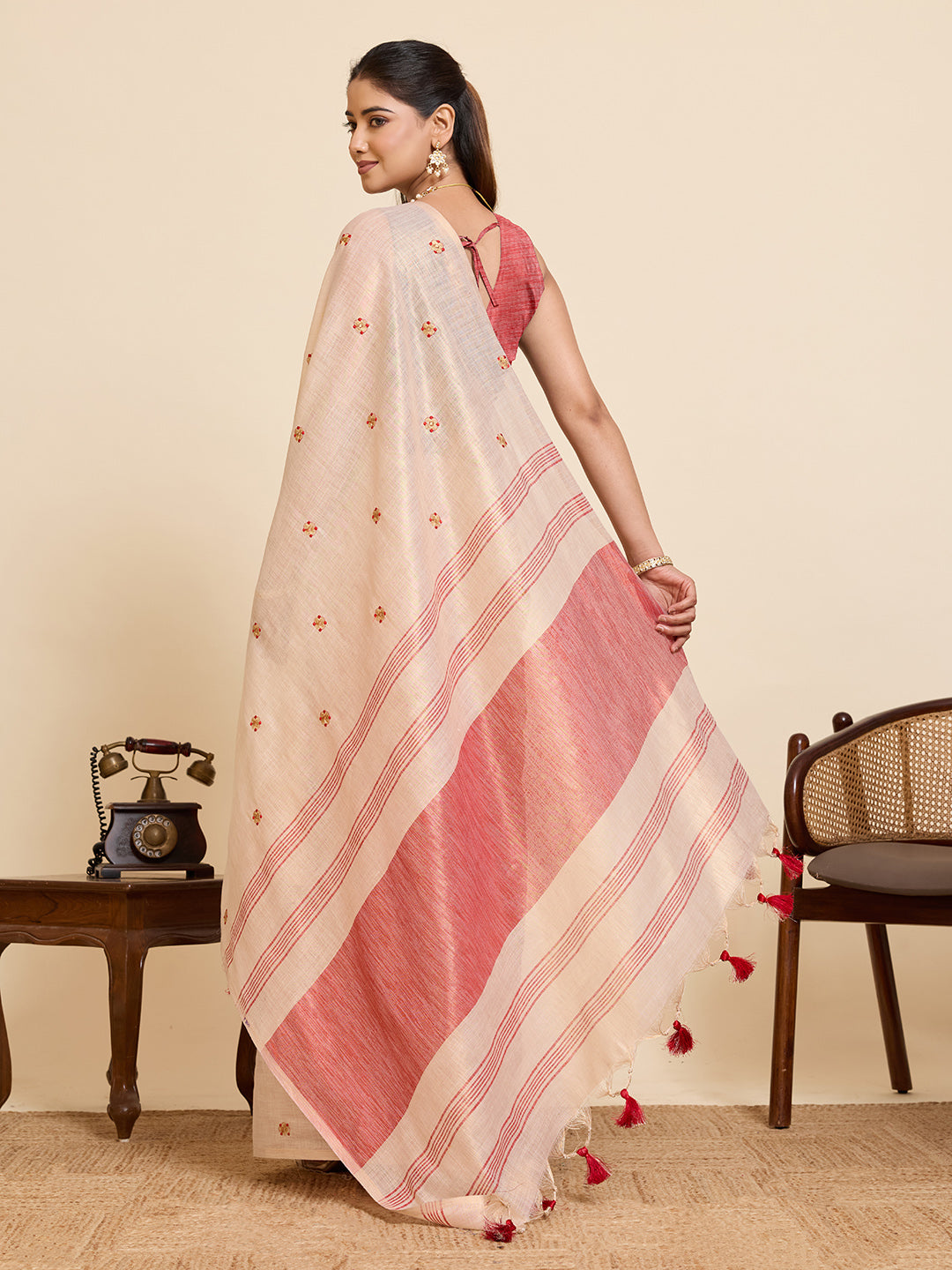 Beige Linen Cotton Saree with Embroidery Work and Contrast Red Blouse - Red