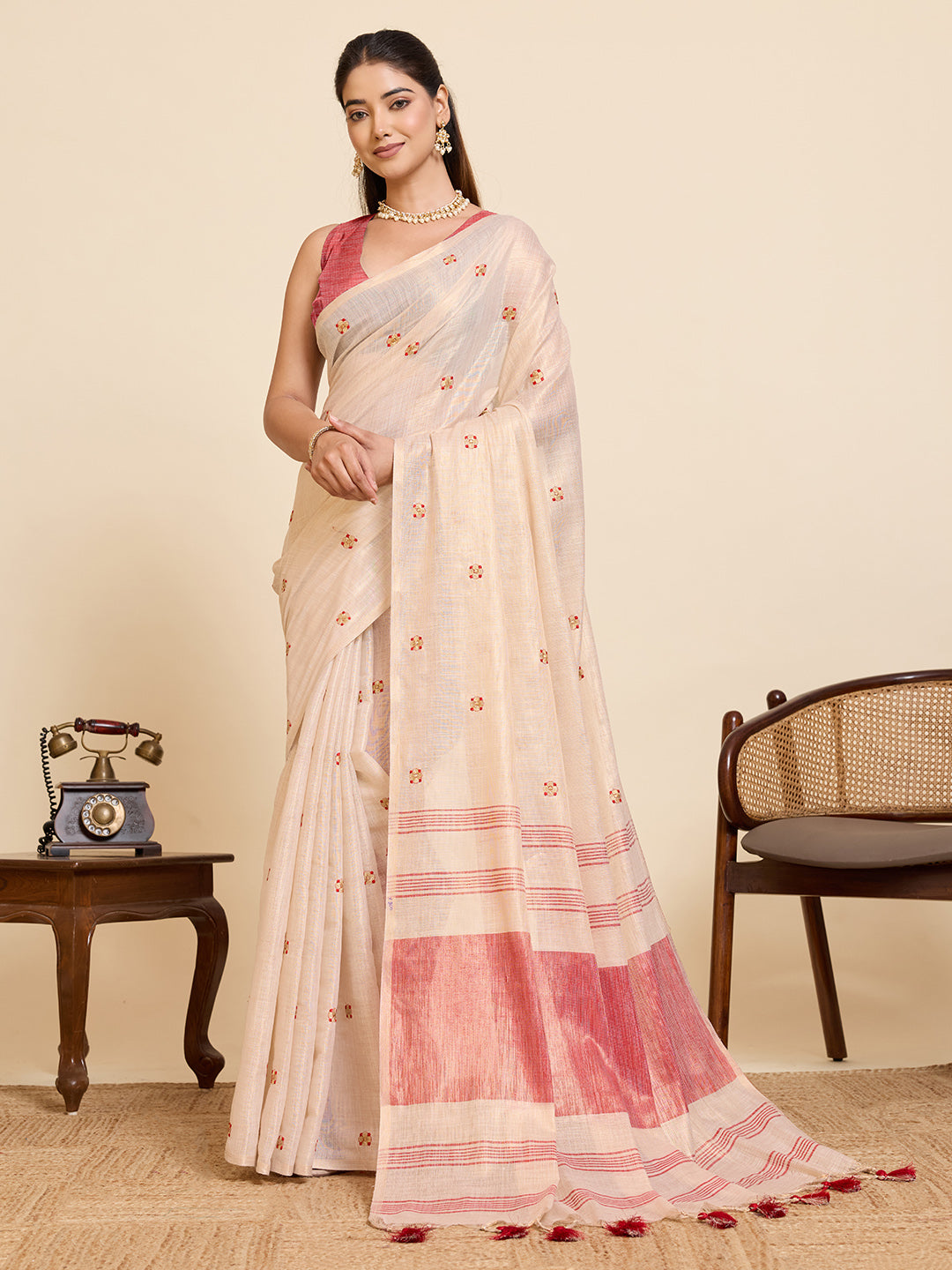 Beige Linen Cotton Saree with Embroidery Work and Contrast Red Blouse - Red