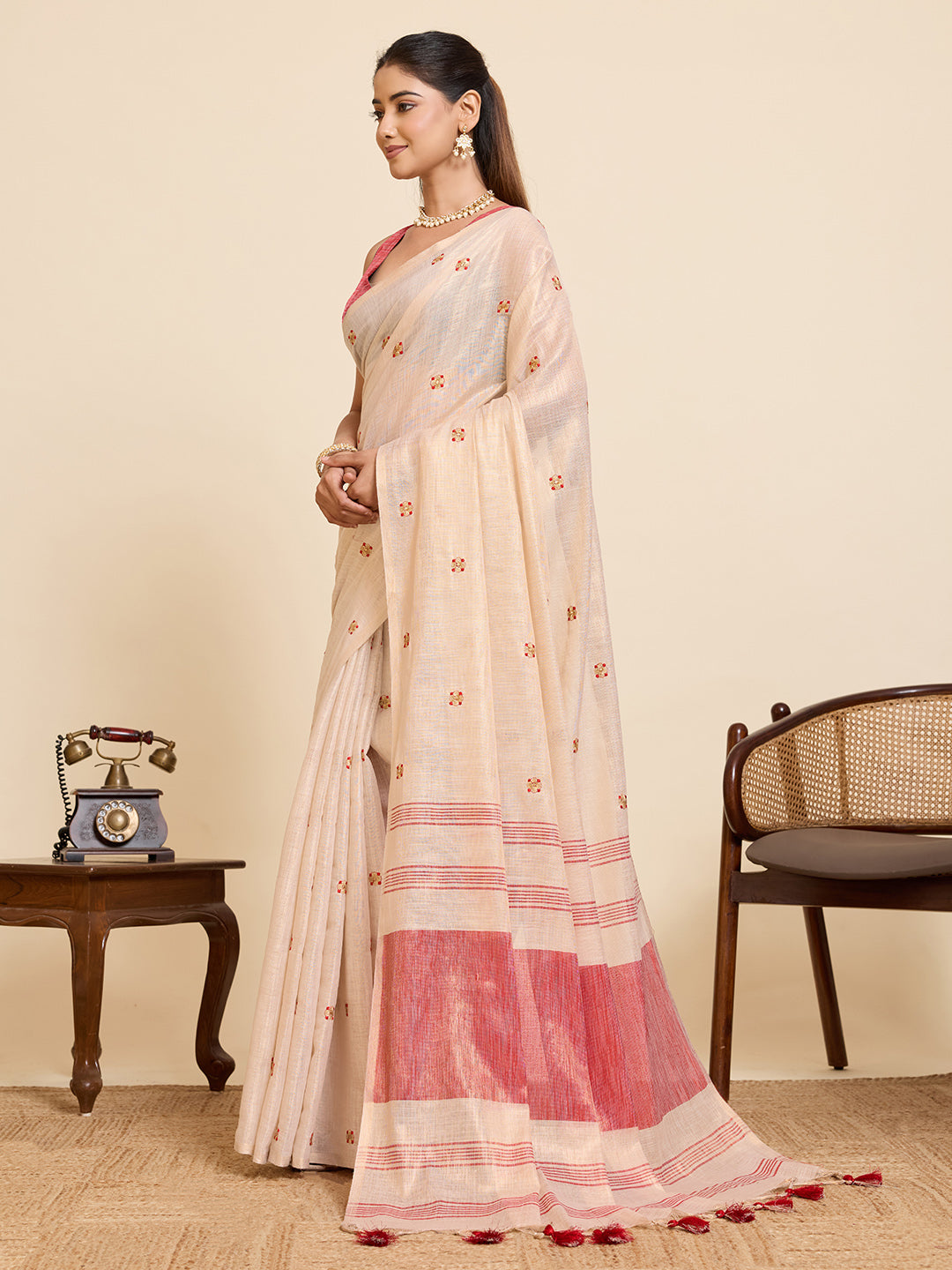 Beige Linen Cotton Saree with Embroidery Work and Contrast Red Blouse - Red