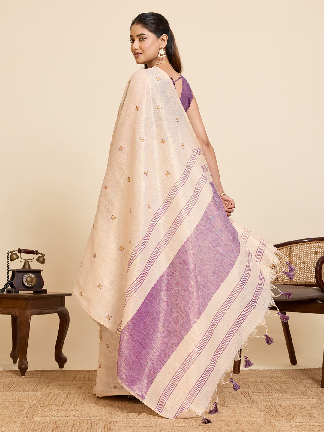 Beige Linen Cotton Saree with Embroidery Work and Contrast Purple Blouse - Purple