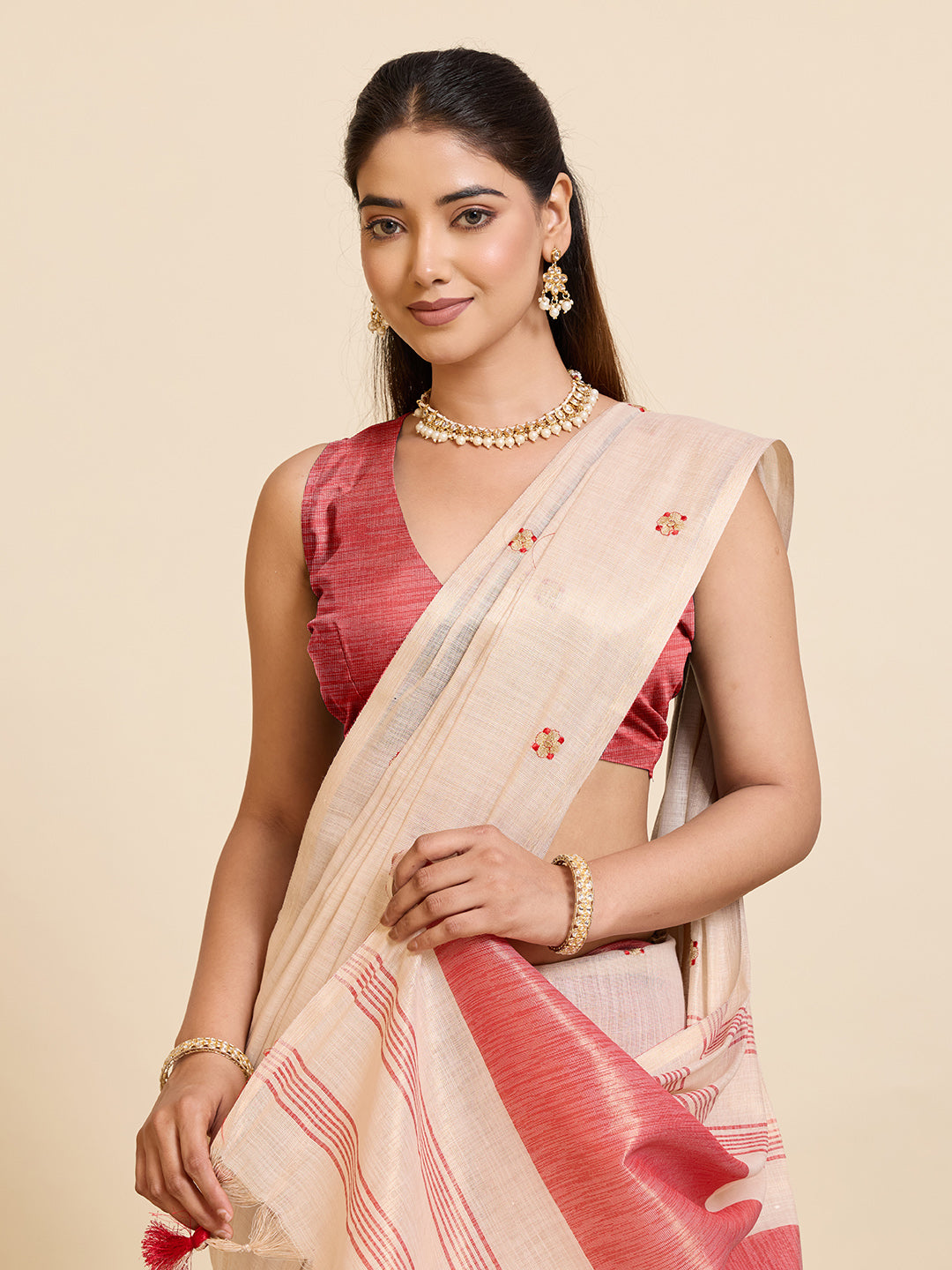 Beige Linen Cotton Saree with Embroidery Work and Contrast Red Blouse - Red