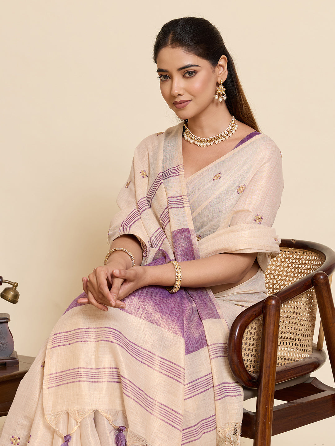 Beige Linen Cotton Saree with Embroidery Work and Contrast Purple Blouse - Purple