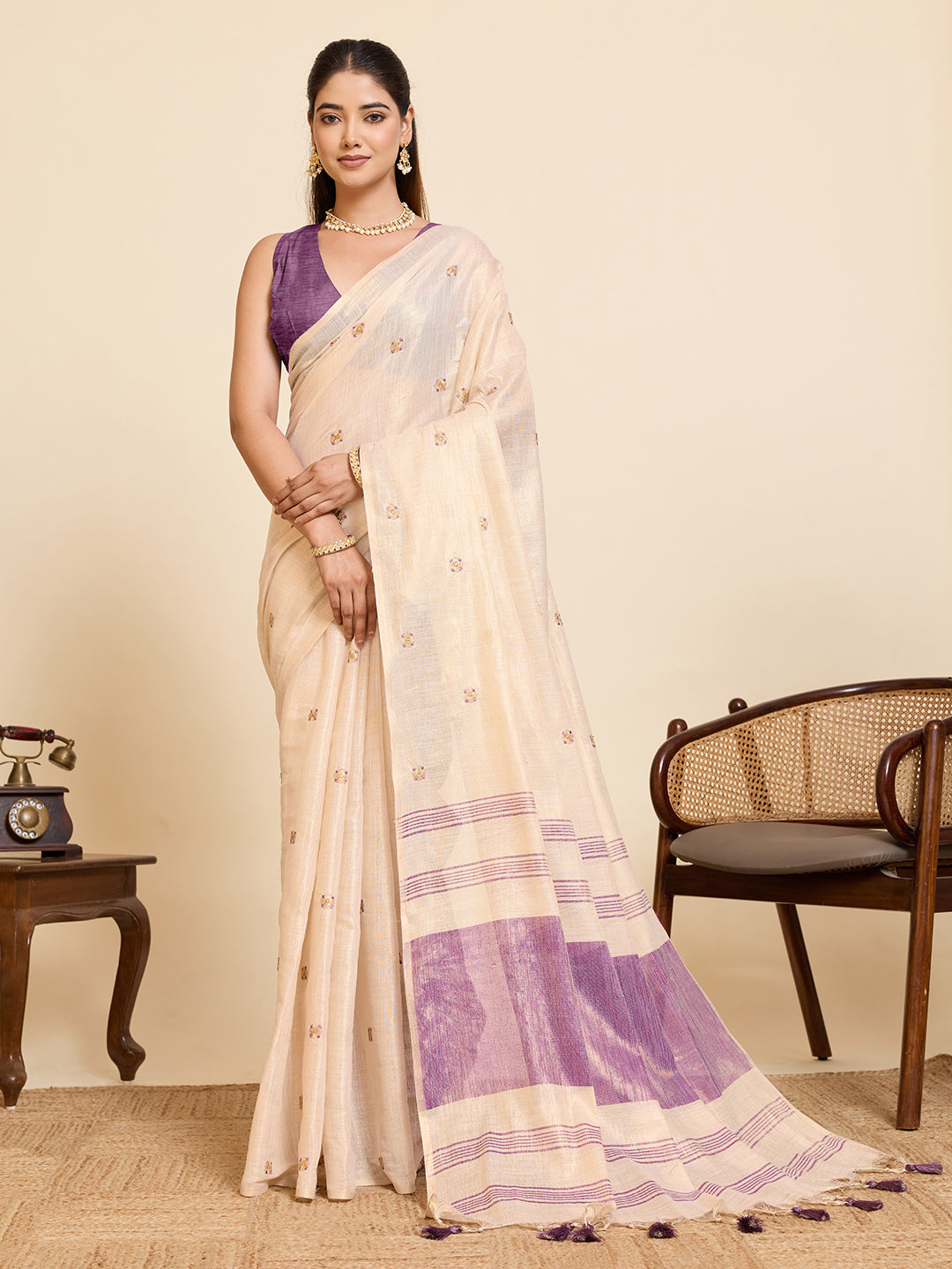 Beige Linen Cotton Saree with Embroidery Work and Contrast Purple Blouse - Purple