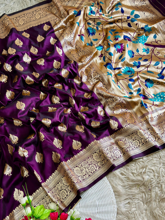 Wine Traditional Paithani Silk Saree with Meenakari Zari Weaving Work