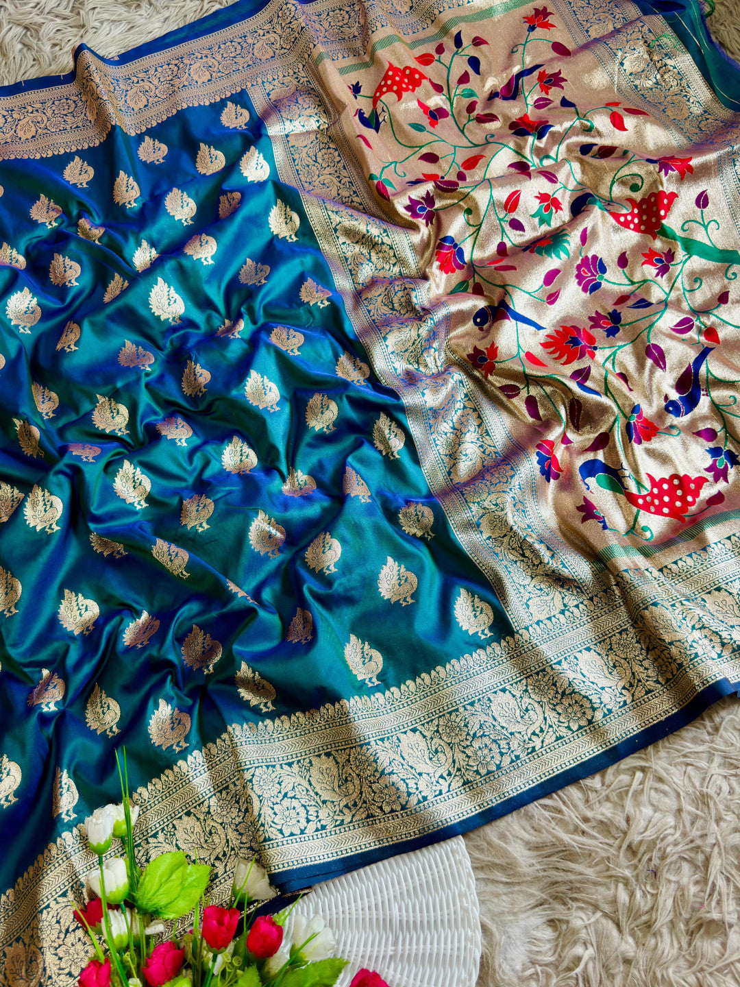 Firozi Traditional Paithani Silk Saree with Meenakari Zari Weaving Work